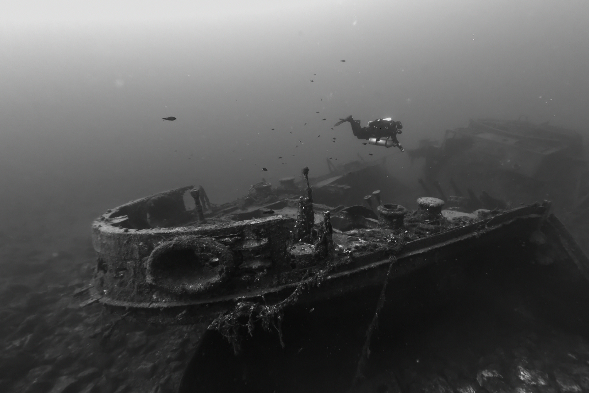 Underwater wreck with diver