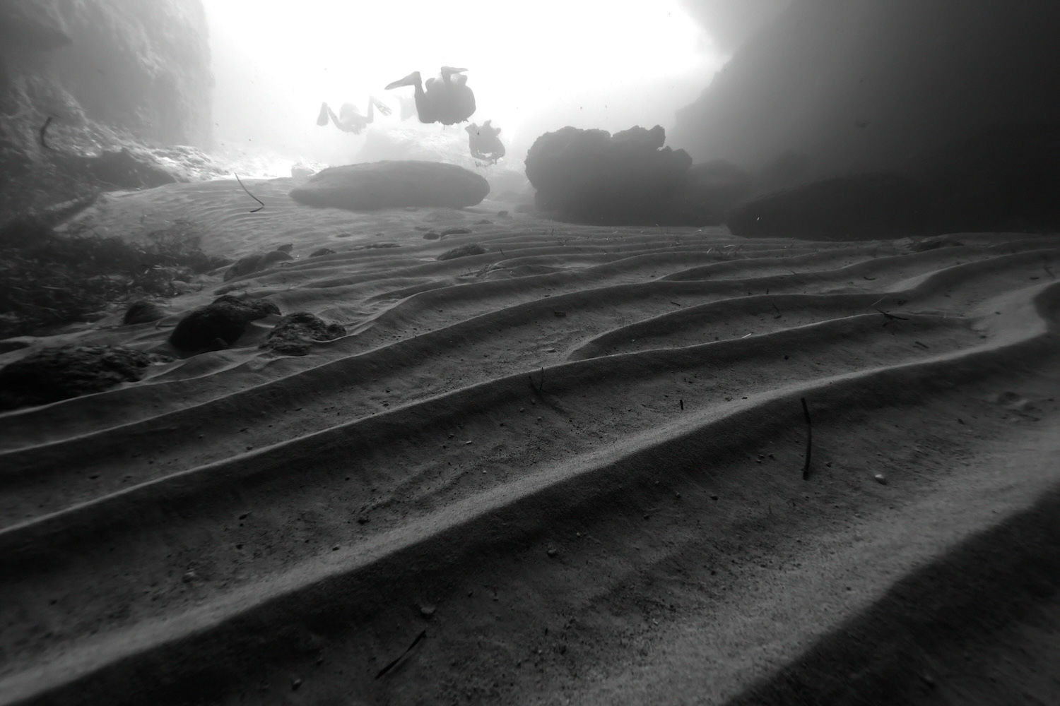 Sand ripple patterns on the seafloor with diver above